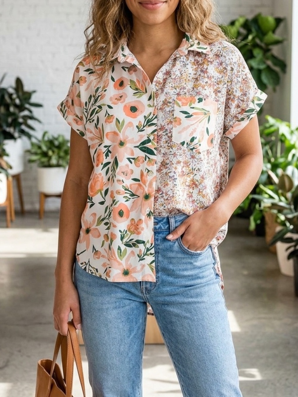 Entro Floral Mixed Print Colorblock Button Down Shirt Short Sleeve🧡